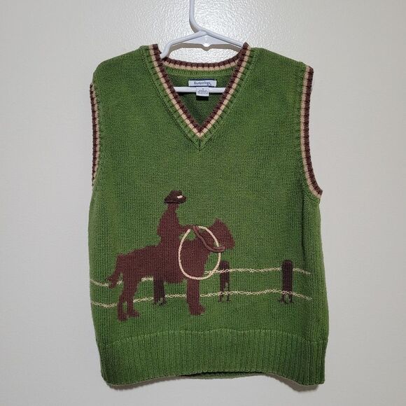 Vintage Hartstrings Green Cowboy Western Knit Sweater Vest - Picture 1 of 5